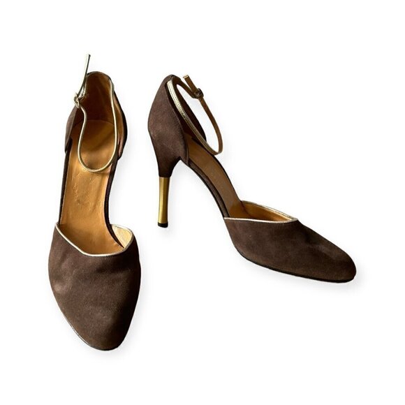 Charles Jourdan Brown Suede Ankle Strap Pumps With Gold Metal Heel, Size 8 1/2 - Picture 3 of 15